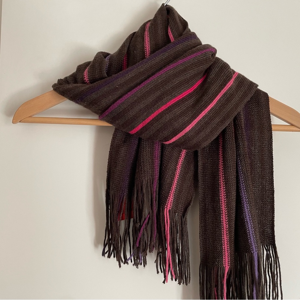Barbarossa Italy- Wool Blend Scarf Chocolate Brown Pink/Purple Stripes 74” NWT!